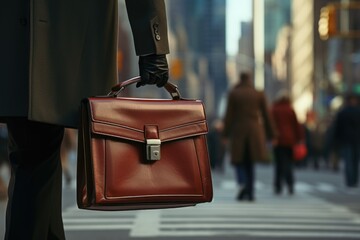 Fototapeta premium A lawyer carries a briefcase while navigating a city street