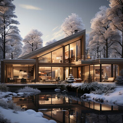 countryside holiday in the forest, winter season and vacation, modern  house among trees. warm and cozy concept. square