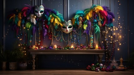 A magical Mardi Gras wall mockup with masks and beads, framed in the spirit of New Orleans' vibrant carnival celebration. - obrazy, fototapety, plakaty