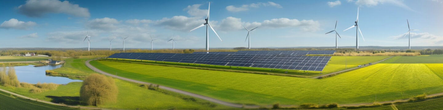 energy transition - symbolic wind turbines for wind power and solar panals for solar enery and water for water power