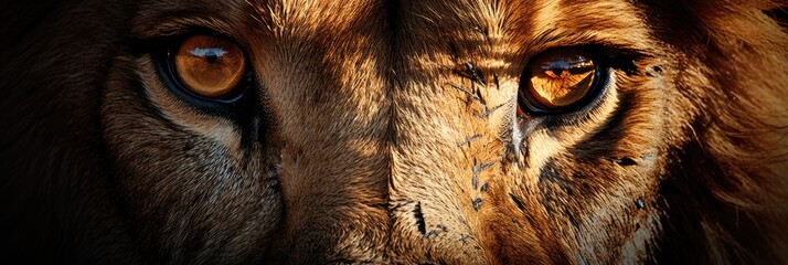 An intimate view of the fierce stare of a lion up close - obrazy, fototapety, plakaty
