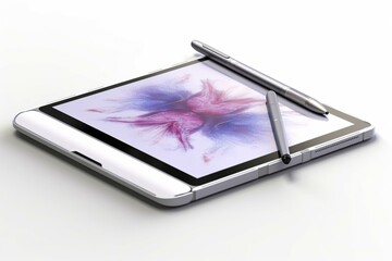 A foldable tablet and pen on a white background. 3D illustration. Generative AI