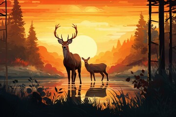 An illustrated scene of deer family amidst a forest during a captivating sunset. Generative AI