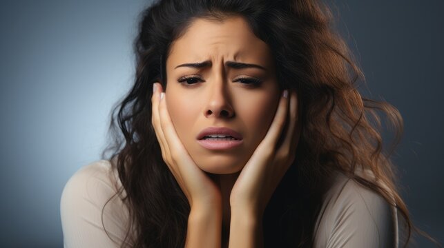 Woman crying on white background.