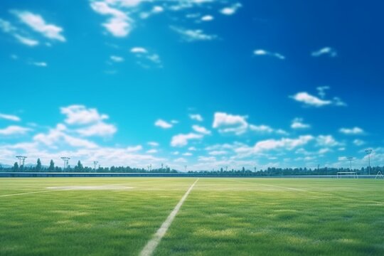 Beautiful landscape of football pitch under clear blue sky. Generative AI