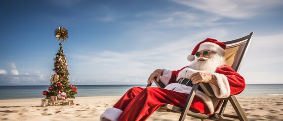 Santa Claus relaxing on tropical beach. He is lying on a sunlounger, sipping a cocktail, and enjoying the sunshine. Perfect for creating Christmas cards, posters, or other holiday themed designs. - obrazy, fototapety, plakaty