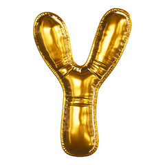 Realistic gold font 3D render - letter Y. Inflated Balloons gold foil letter. Illustration isolated on a transparent background.
