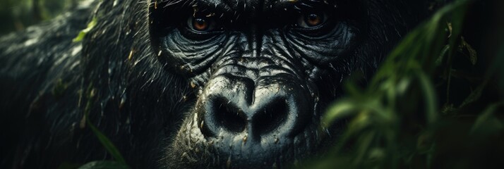 An intimate view of the intense stare of a gorilla up close