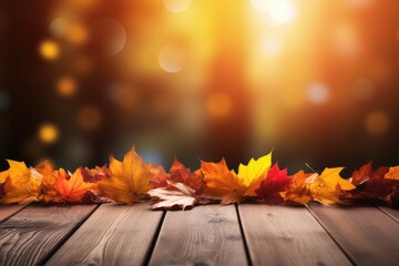 Naklejka na ściany i meble Many autumn colorful falling leaves together, with bokeh. Generative Ai.