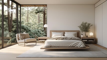 A minimalist bedroom with clean lines, neutral tones, and large windows overlooking a serene garden.
