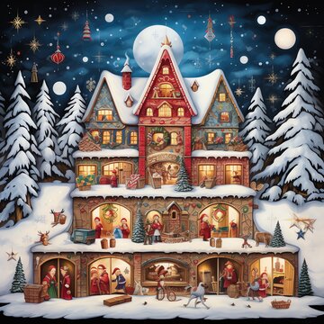 The picture features a rectangular or square-shaped Advent Calendar designed with festive and cheerful holiday-themed graphics. It may have a wintery, snowy backdrop or be set against a cozy room