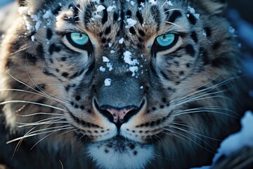 A focused perspective on the snow leopard's direct eye contact in close-up
