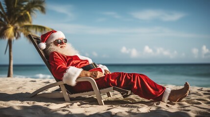 Santa Claus relaxing on tropical beach. He is lying on a sunlounger, sipping a cocktail, and enjoying the sunshine. Perfect for creating Christmas cards, posters, or other holiday themed designs. - obrazy, fototapety, plakaty