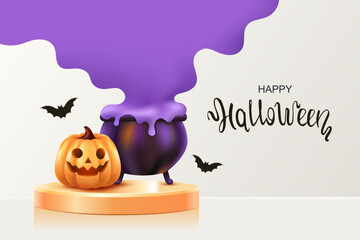 Halloween sale. A witch's cauldron with poison, bats and scary pumpkin. Monster. Festive design. 3D vector illustration. Poster template