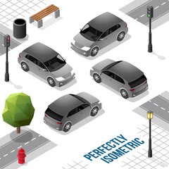 Fototapeta premium Grey and Black Isometric Hatchback Car from Front Back Right and Left