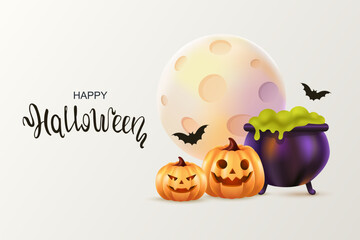 3D vector illustration. Happy Halloween holiday banner. Spooky pumpkins, moon and witch's cauldron