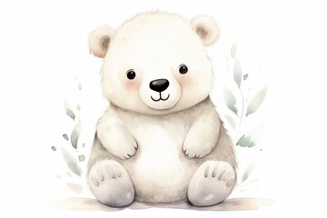 Cute white chubby bear cub on light background with leaves