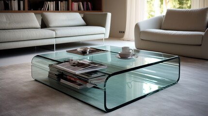 A modern glass coffee table in a contemporary living room.