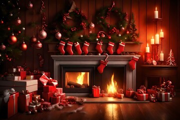 3D image featuring a cozy Christmas border background with candy canes, twinkling lights, and a warm fireplace, setting the stage for your seasonal greetings and designs.