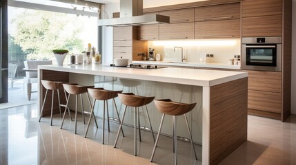 A modern kitchen island with a built-in sink and bar stools. - obrazy, fototapety, plakaty