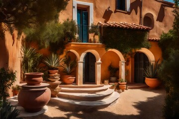 Fototapeta na wymiar Mediterranean villa with terracotta roof tiles and a courtyard - AI Generative