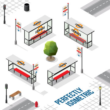 Isometric Bus Stops from Front Back Right and Left Views