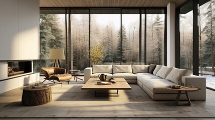 A modern living room with minimalist design, featuring sleek furniture and large windows.