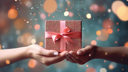 Woman hands holding a color giftbox with a ribbon