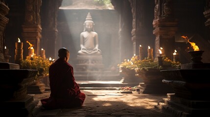 A monk offering prayers with incense in a centuries-old temple.
