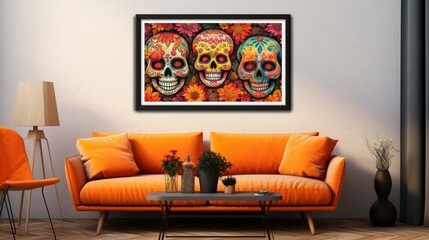 A mystical Day of the Dead wall mockup with sugar skulls and marigold flowers, framed in traditional Mexican artwork.