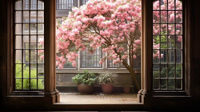 A mullioned window framing a courtyard with a flowering tree.