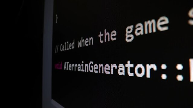 Closeup macro shot movement of coding script moving across LED screen with real-time AI-generated typing, showcasing advanced AI learning in optimization, debug and coding for software development.
