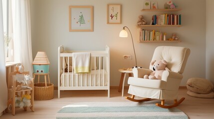 A nursery with a comfy rocking chair and crib.
