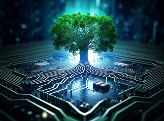Tree growing on the converging point of computer circuit board. Green computing, Green technology, Green IT, CSR, and IT ethics. Concept of green technology. Environment green technology. High quality