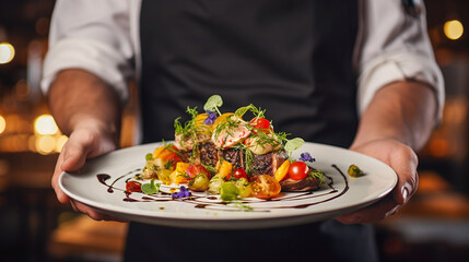 waiter serves lovingly prepared food with meat on plate - obrazy, fototapety, plakaty