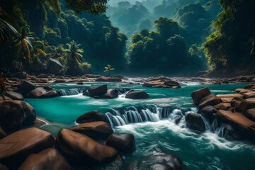 Obraz premium Panorama of the mountain river in the jungle - AI Generative