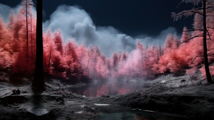 A pair of infrared images contrasting a natural forested area with a thermally polluted one, illustrating the temperature disparities caused by human activities.