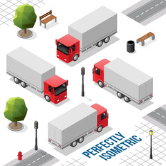 Red Isometric Big Truck from the Front Back Right and Left Views