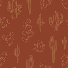 Western desert wild spiny plant cactus line art vector seamless pattern. Groovy wild west botanical background.