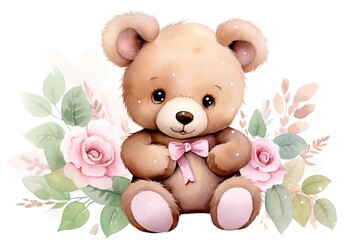 Very cute brown bear cub with pink bow and flowers on white background