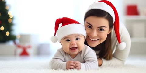 Fototapeta na wymiar Mother and baby daughter wearing Santa hats