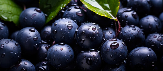 Fresh acai berry fruits, with water drops over it, closeup macro detail. Generative AI