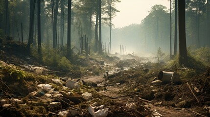 A peaceful forest tarnished by illegal dumping of hazardous waste. - obrazy, fototapety, plakaty