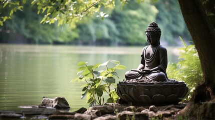 A peaceful riverside meditation spot with a Buddha sculpture overlooking the water. - obrazy, fototapety, plakaty