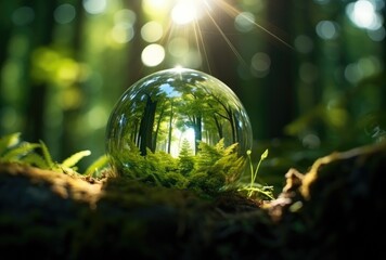 Glass globe encircled by verdant forest flora, symbolizing nature, environment, sustainability, ESG, and climate change awareness.Sustainable development goals.World environment day concept.