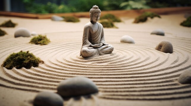 A peaceful Zen garden with a stone Buddha statue surrounded by sand patterns.