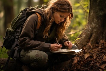 An environmental conservation surveyor in the forest. Woman specialist in field research, showing commitment to nature preservation and sustainability, generative ai - obrazy, fototapety, plakaty