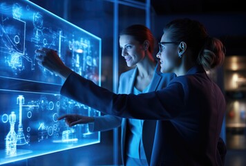 Two business women looking at data in a virtual dashboard screen. Business intelligence analyst dashboard on virtual screen. Generative AI