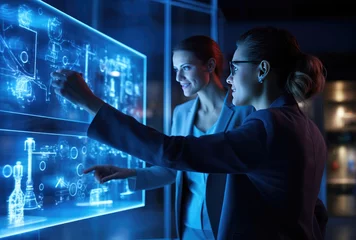 Foto op Plexiglas Two business women looking at data in a virtual dashboard screen. Business intelligence analyst dashboard on virtual screen. Generative AI © Nanci