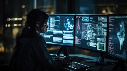 IT specialist works on personal computers with screens displaying programs and graphics. Generative AI